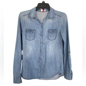 Lei Women’s Denim Shirt Size Medium  Long Sleeve Button Up Blue